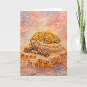 Marigold and cactus Sulcata Tortoise birthday cake Card