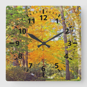 MARIGOLD AND LIME GREEN TREES IN WOODS SQUARE WALL CLOCK