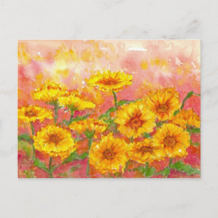 Marigold Autumn Flower Watercolor Garden Art Postcard
