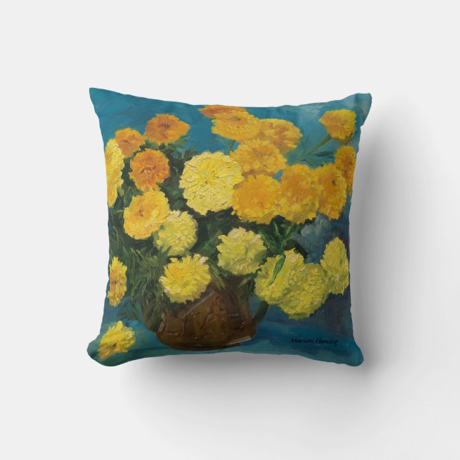 Marigold Bouquet--Blue Backing Throw Pillow (Front)