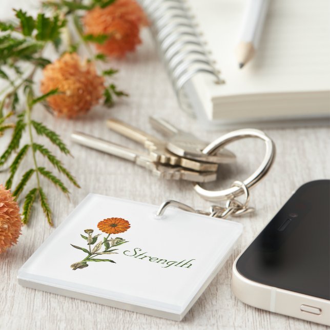 Marigold Flower Botanical Custom Pesonalized Keychain (Front Right)
