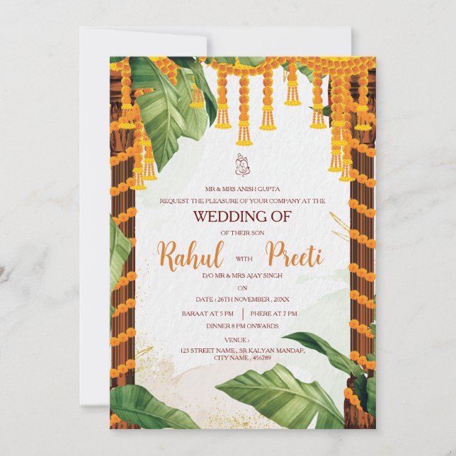 Marigold flowers Leaves Lord Ganesh Indian Wedding Invitation (Front)