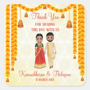 Marigold garlands bells with Tamil Telugu wedding  Square Sticker