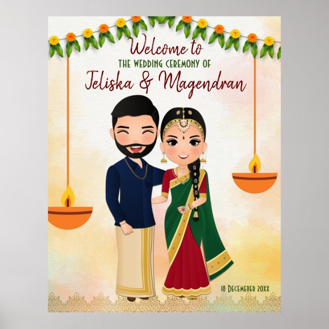 Marigold garlands Tamil wedding welcome sign (Front)