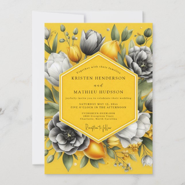 Marigold Greyscale Citrus Wedding Invitation (Front)