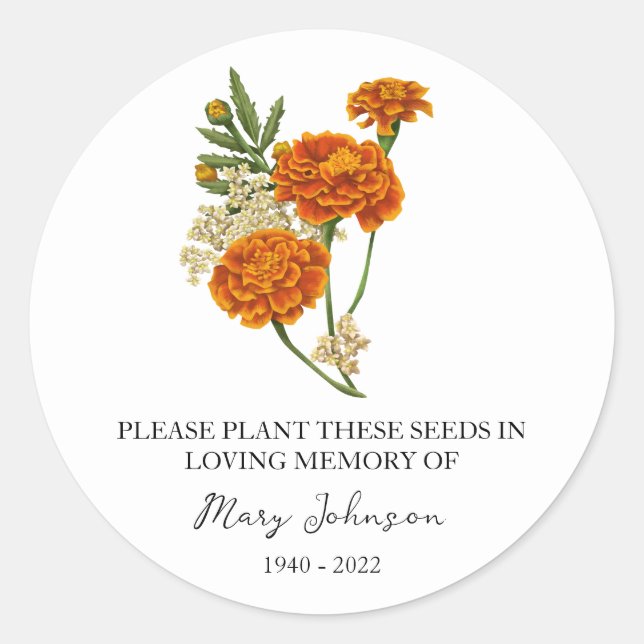Marigold Memorial Funeral Seed Packet Classic Round Sticker (Front)