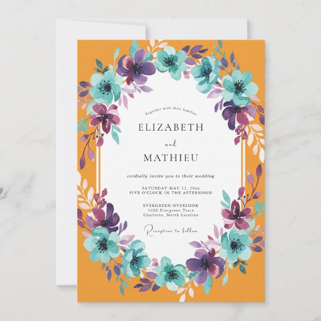 Marigold Turquoise Painted Wedding Invitation (Front)