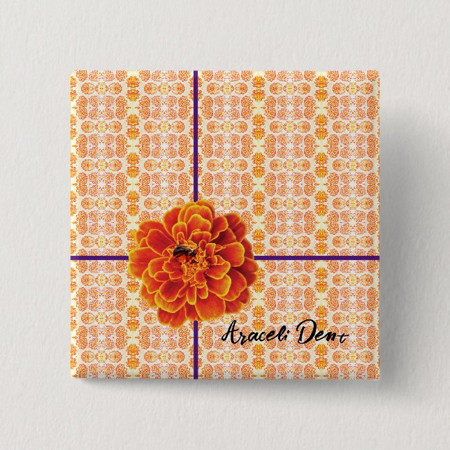 Marigolds and Bee 2 Inch Square Button (Front)