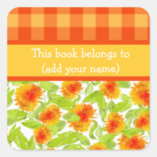 Marigolds and Check Gingham Sheet of 20 Bookplates Square Sticker