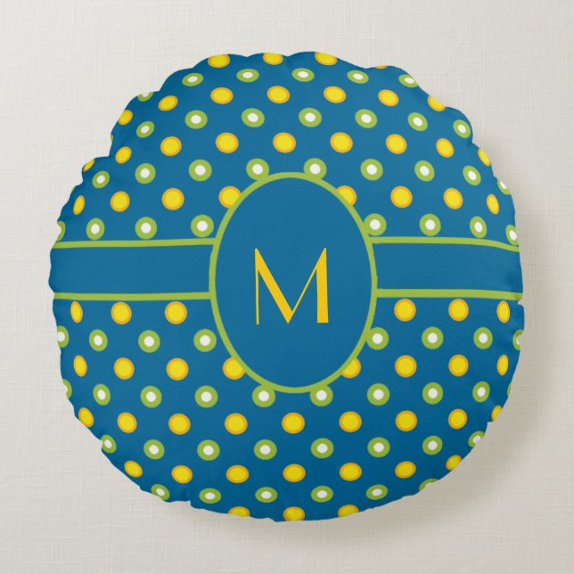 Marigolds, Green, Yellow Polka Dot Monogram Pillow (Front)
