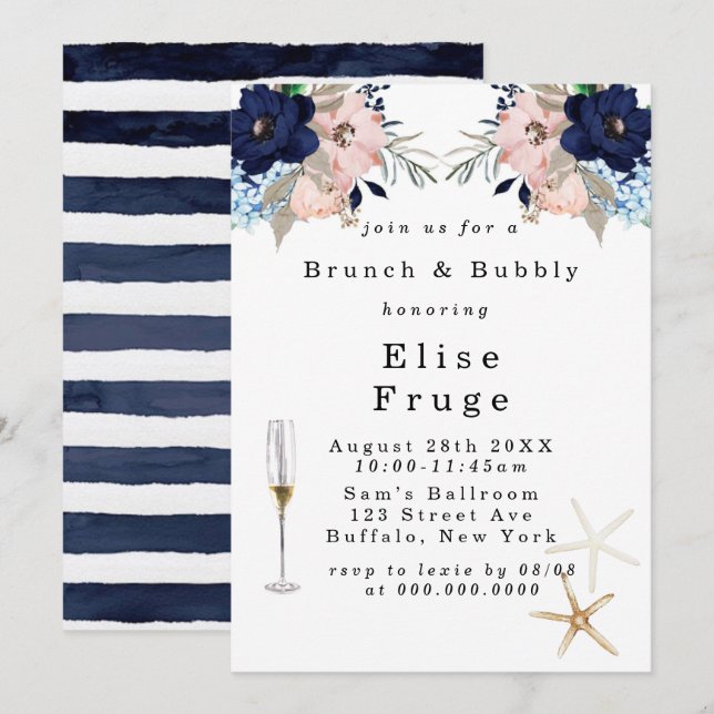 Marina Nautical Blooms Brunch & Bubbly Invitation (Front/Back)