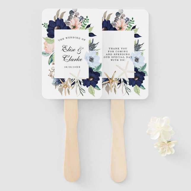 Marina Nautical Blooms Navy Blush Pink Wedding Hand Fan (Front and Back)