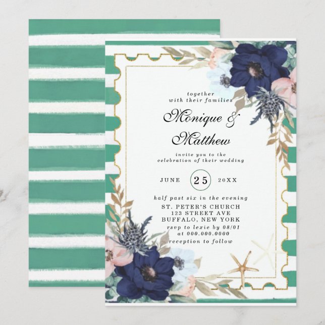 Marina Nautical Blooms Navy Pink Green Wedding Invitation (Front/Back)