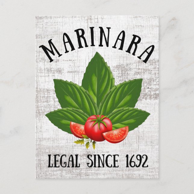 Marinara Legal Since 1692 Basil Leaves Tomatoes Holiday Postcard (Front)