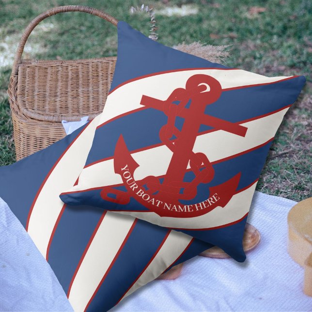 Marine Anchor Nautical Blue Stripe Beach House   Outdoor Pillow (Creator Uploaded)