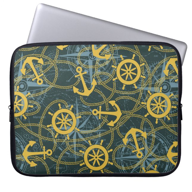 Marine anchor ship rudder and rope with wind rose  laptop sleeve (Front)
