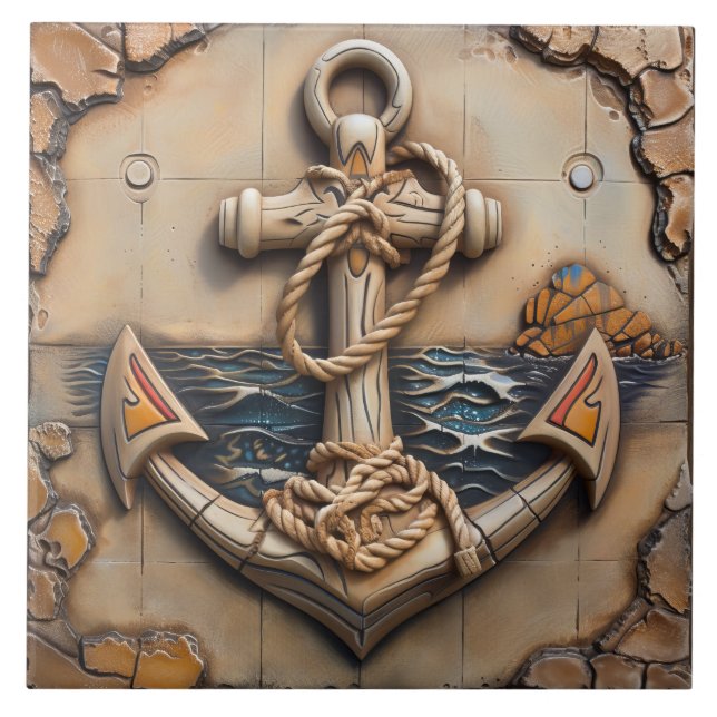 Marine Anchor, Stone Effect, Coastal Themed Tile (Front)