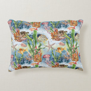 Marine Animals Coral Reef Fish Jellyfish Seaweed Accent Pillow