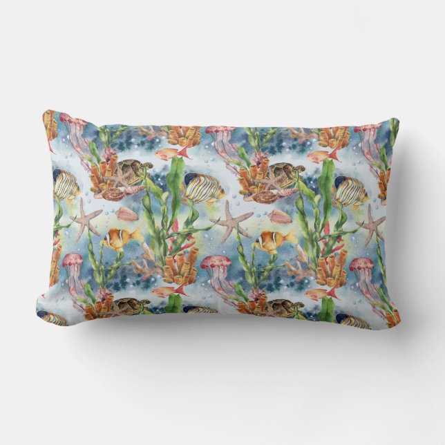 Marine Animals Coral Reef Fish Jellyfish Seaweed   Lumbar Pillow (Front)