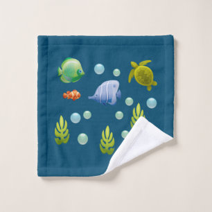 Marine Animals Fish Turtle Ocean Blue Background Wash Cloth