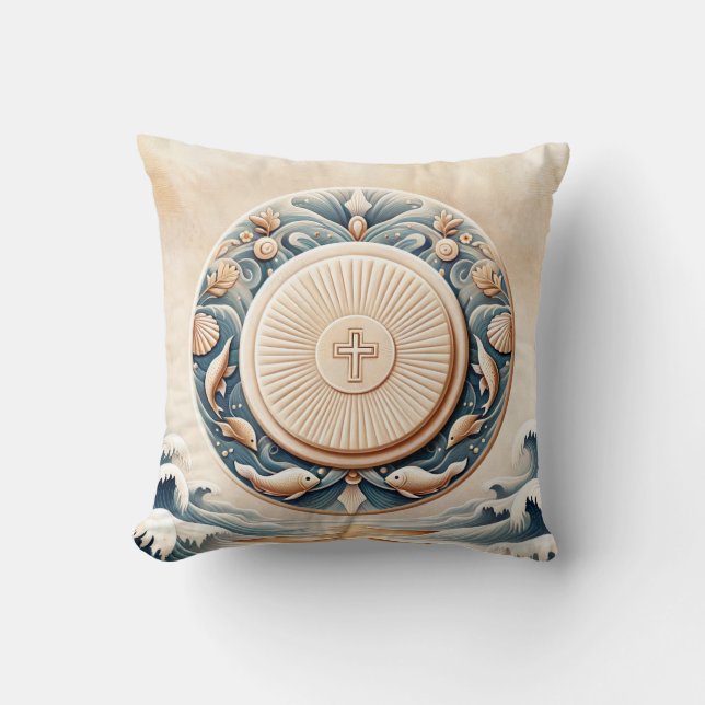 Marine Art Style Eucharistic Communion Host Throw Pillow (Front)
