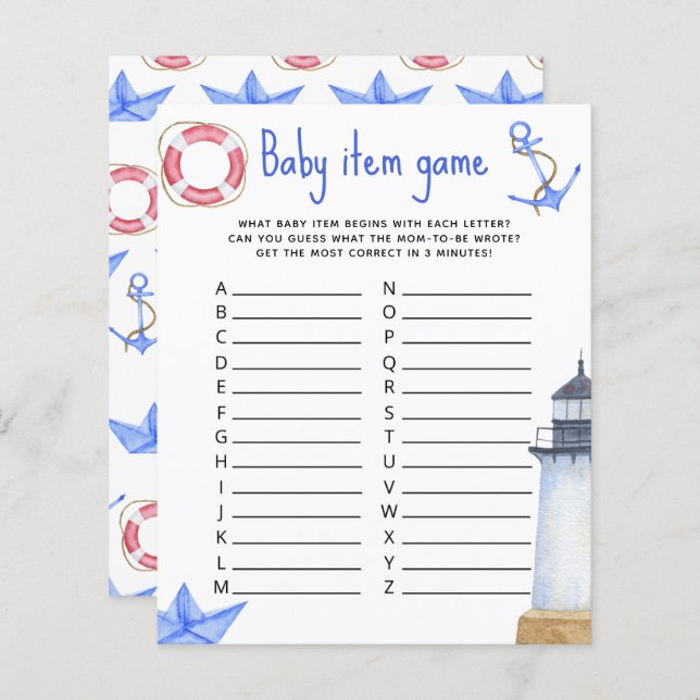 Marine Baby Item Game. Baby Shower Game (Front/Back)