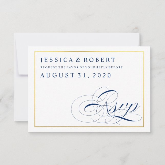 Marine & Blanc avec Faux Gold Wedding Carte RSVP (Devant)