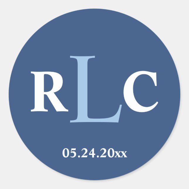 Marine bleu 3 monogramme initial étiquette mariage (Devant)