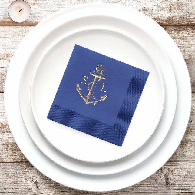 Marine Bleu Ancre nautique Mariage Monogramme Or (Initiation)