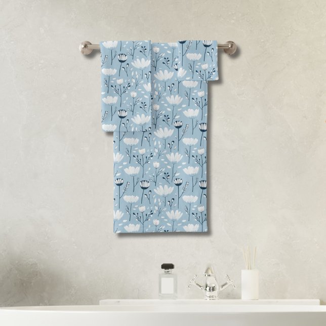 Marine bleu clair Aquarelle blanche Floral Cadeau (Light Blue, White Watercolor Florals Bath Towel Set. Hand towel, wash cloth, bath towel)