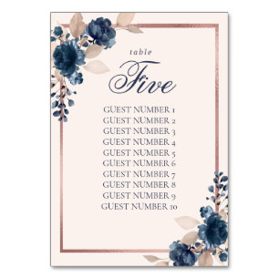 Marine Bleu Dusty rose Numéro de table Carte de si