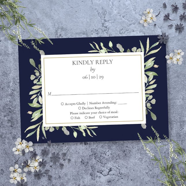 Marine Bleu Elegant Aquarelle Verdure RSVP (Navy Blue Elegant Watercolor Greenery RSVP)