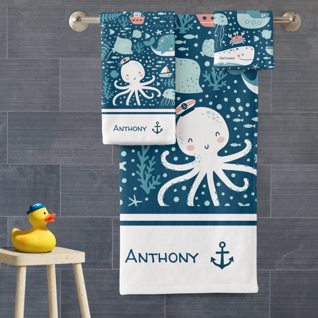 Marine bleu et blanc Motif nautique Garçon Salle d (Créateur téléchargé)