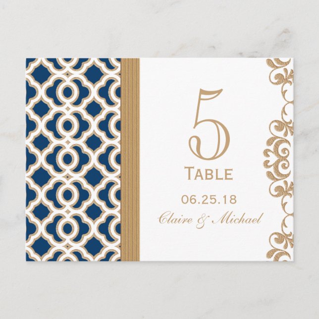 Marine Bleu et or Marocain Mariage Numéro de table (Devant)