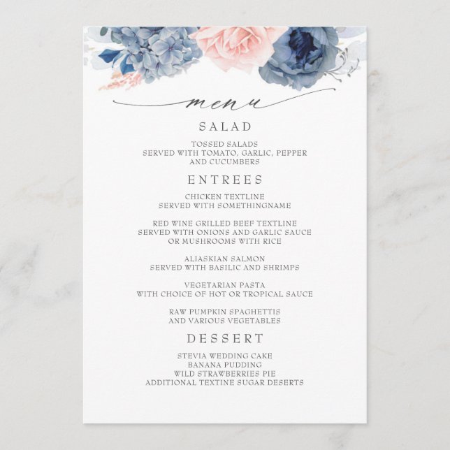 Marine bleu et rose Floral Moderne Menu Mariage (Devant)