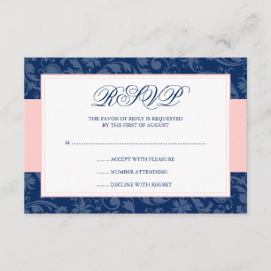 Marine bleu et rose vif Damas Swirl Wedding RSVP