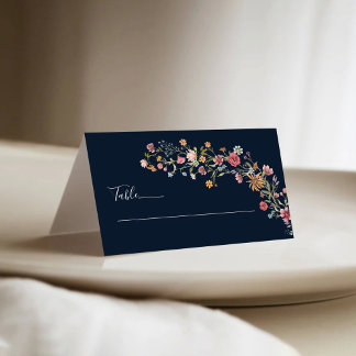 Marine Bleu Fleur sauvage Mariage plié Cartes de l