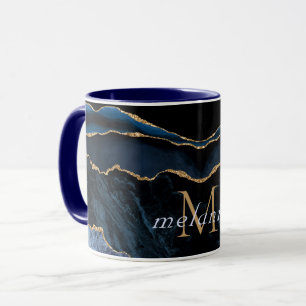 Marine Bleu Marbre Or Personnalisé Lettre Nom Mug 
