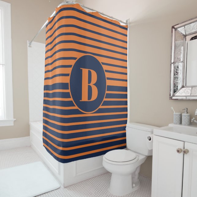 Marine Bleu Orange rayé Monogramme Douche rideau (En situation)