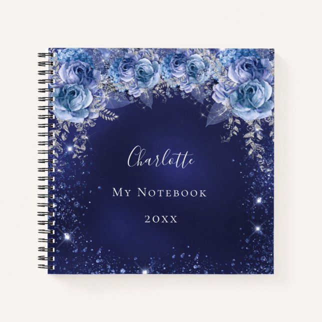 Marine bleu parties scintillant fleurs nom journal (Devant)