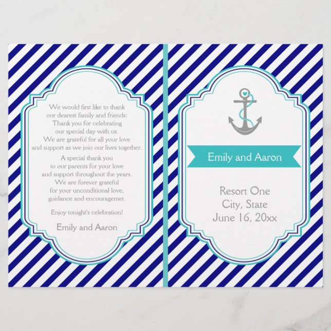 Marine bleu, programme de mariage nautique aqua (Devant)