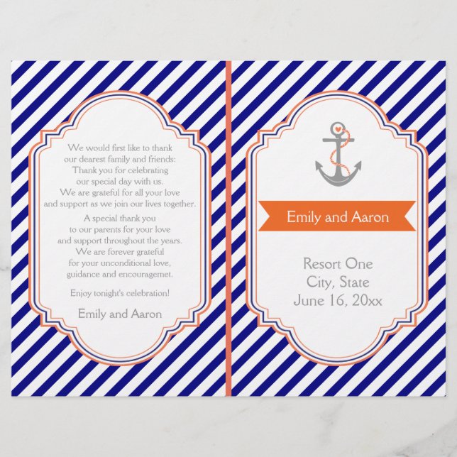 Marine bleu, programme de mariage nautique corail (Devant)