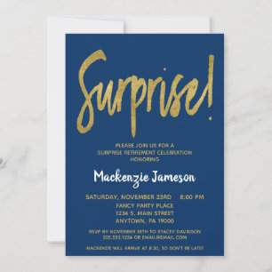 Marine Bleu Script Surprise Retraite Invitation
