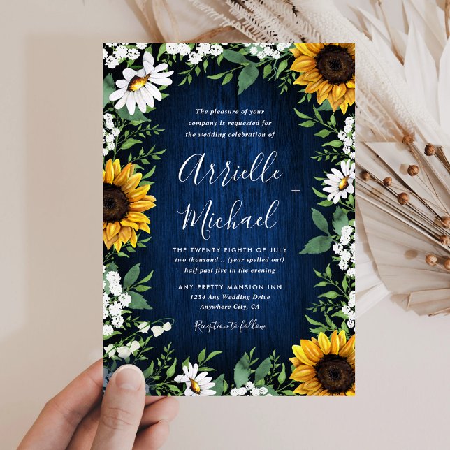 Marine Bleu Tournesol Rustique Mariage Invitations (Créateur téléchargé)