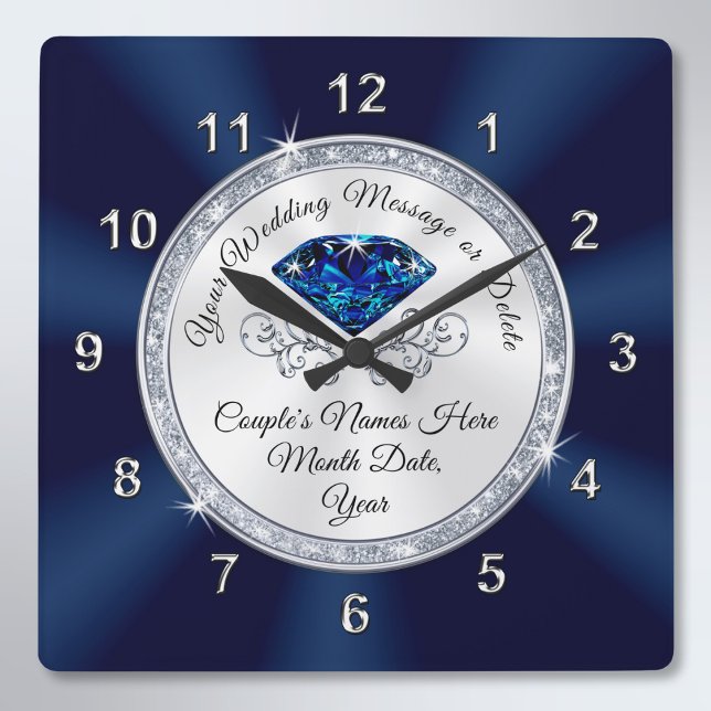 Marine Bleue, Argent Mariage personnalisé Horloge (Navy Blue and Silver Wedding Clock. Spinel anniversary gifts. Personalised wedding clocks. )