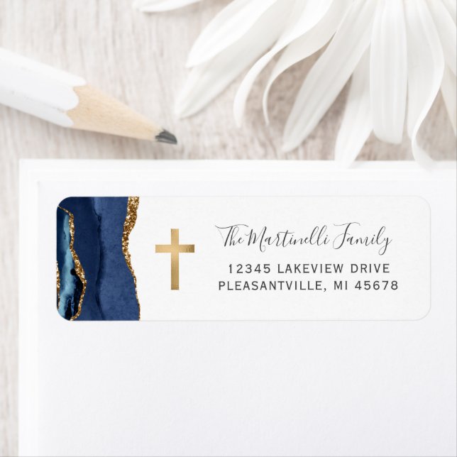 Marine Blue Agate Gold Cross Adresse de retour (En situation)