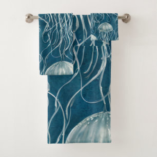 Marine Blue and White Jelly Fish Pattern Bath Towel Set