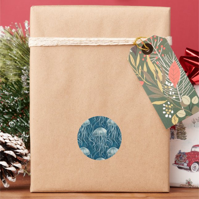 Marine Blue and White Jelly Fish Pattern Classic Round Sticker (Holiday)