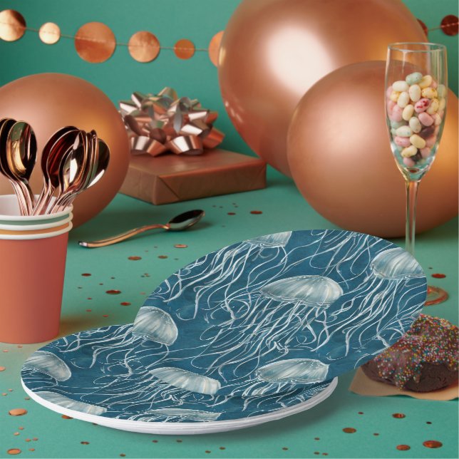Marine Blue and White Jelly Fish Pattern Paper Plate (Multi)