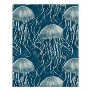 Marine Blue and White Jelly Fish Pattern Poster